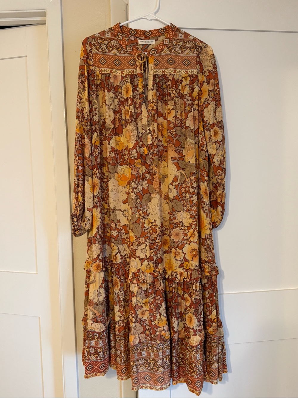 Spell & the Gypsy Boho Floral Tiered Midi Dress in Rust Orange size S - Picture 5 of 7